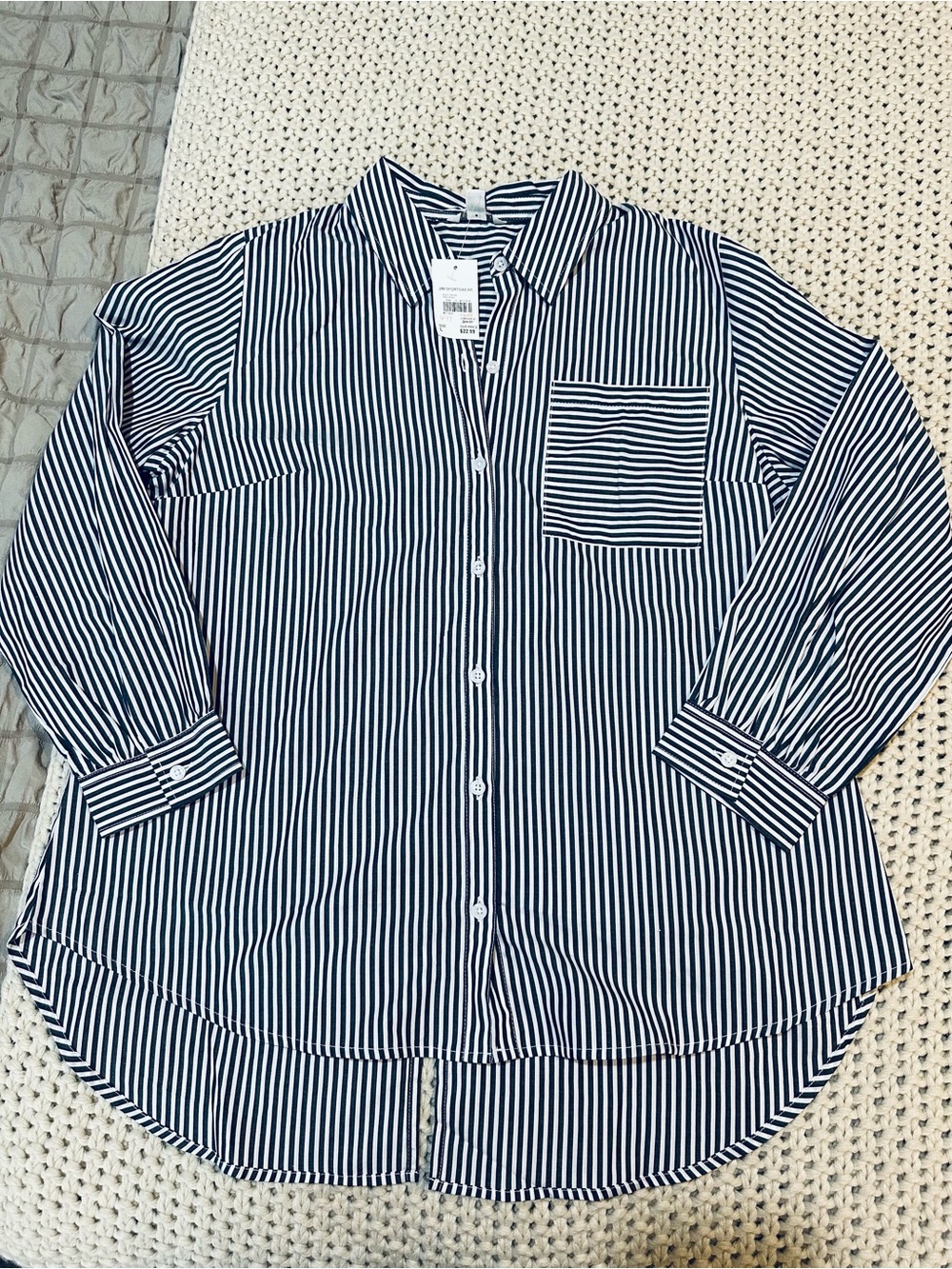 NWT Cato Navy and White Vertical Stripe Button-Down Shirt with Bows in Back